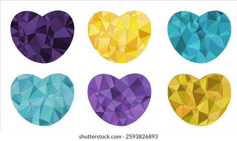 set of hearts triangulation, geometric pink, red, blue, yellow, green hearts, isolated on white background Vector	