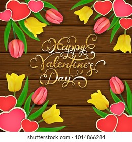 Set of hearts with tulips on brown wooden background. Golden lettering Happy Valentines Day, illustration.