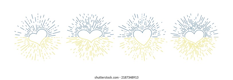 Set of hearts in Ukrainian colors with hand drawn vintage bursting rays. Yellow and blue retro design heart on white background. Vector illustration
