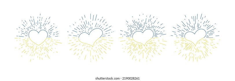 Set of hearts in Ukrainian colors with hand drawn vintage bursting rays. Yellow and blue retro design heart on white background. Vector illustration