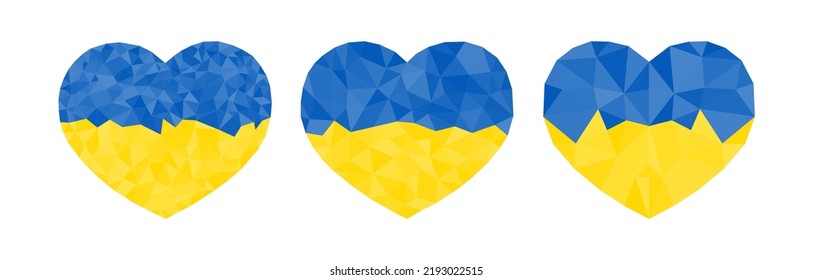 Set of hearts in Ukrainian colors. Yellow and blue low poly heart on white background. Vector illustration