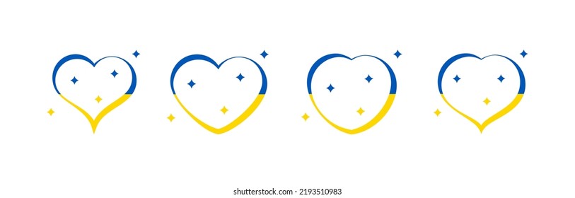 Set of hearts in Ukrainian colors. Yellow and blue heart with stars on white background. Vector illustration