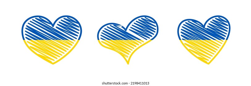 Set of hearts in Ukrainian colors. Yellow and blue scribble heart on white background. Vector illustration