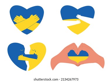 Set of hearts in Ukrainian flag colors hugging and showing love and support, flat vector illustration isolated on white. Concepts of peace and humanitarian help during war in Ukraine.