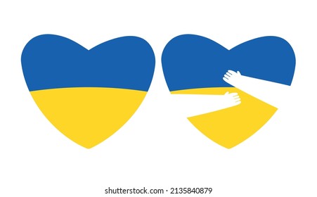 Set of hearts with Ukrainian flag and hugging hands, flat vector illustration isolated on white background. Russia and Ukraine war, Sticker with concept of support and pray.