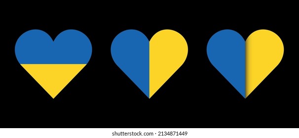 Set of hearts in Ukrainian national colors isolated on black background.