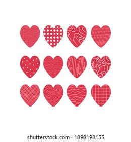 Set of hearts for Valentine's Day. Design of postcards, invitations, posters, t-shirt print. Hearts with trendy patterns - dot, cell, pea, waves. Vector illustration