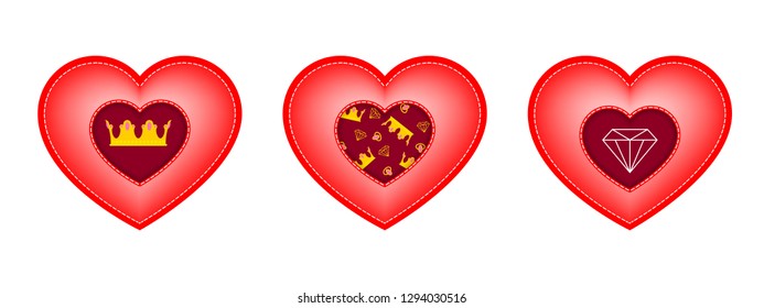 Set of hearts for Valentines day. Inserts in the form of a crown, diamond and pattern of the elements. Vector