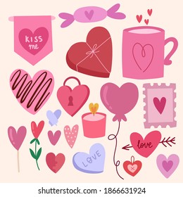 Set of hearts for valentine's day,cute love illustration. The 14th of February. All elements are isolated.Hand drawn vector design.