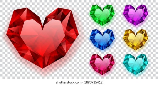 Conjunto de corazones de varios colores hechos de cristales