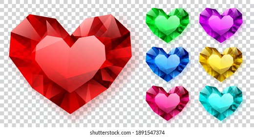 Set of hearts in various colors made of crystals