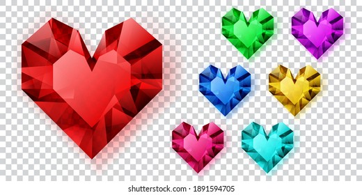 Set of hearts in various colors made of crystals