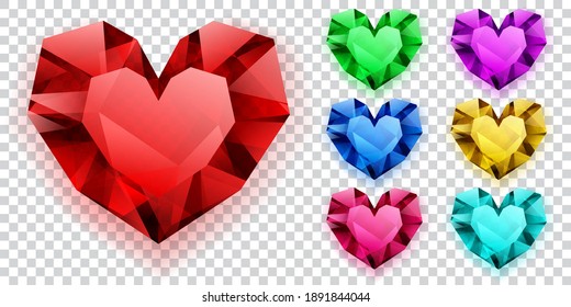 Conjunto de corazones de varios colores hechos de cristales