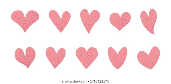 Set of hearts of various geometric shapes with a grainy effect. Vector illustration.