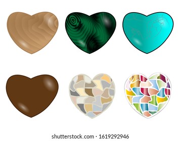 Set of hearts from various materials. Malachite, turquoise, chocolate, wood and mosaic to decorate your Valentines.
