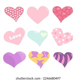 Set of hearts with various patterns of pink, purple, mint colors for lovers in vector