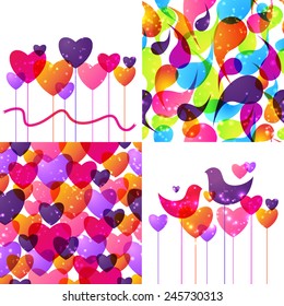Set of hearts vector background. Bright colorful vector card. Glow. Valentines Day.