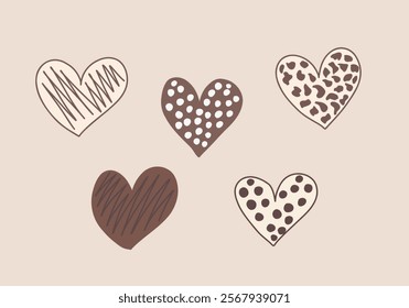 set of hearts vector, brown warm colors, doodle simple style, valentine's day, wedding, love, february 14