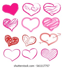 set of hearts, vector, design elements. Retro. Valentine background. Painted by hand. Grunge heart love graphic form, isolated on white background. Red heart symbol ornaments