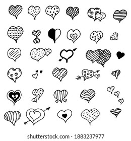 Conjunto de corazones. Vector, dibujado a mano, ilustración del doodle. Motivo del amor, Día de San Valentín, matrimonio