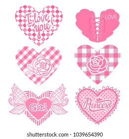 Set of hearts. Vector illustration pink corset, checkered hearts, with wings. Children's design for girls isolated on white background.