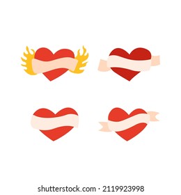 Set of hearts with vintage ribbon. Vector cute flat illustration. Valentine's day. Old school tattoo style. Design for fabric, textile, greeting cards, social media, etc