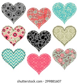 Set with hearts. Set of vintage tags and elements for invitation or greeting card. 