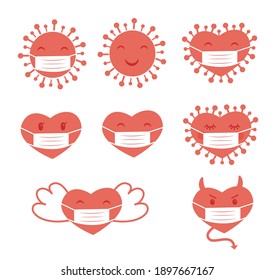 Set of hearts and viruses wearing surgical face mask. Heart shaped COVID-19 viruses, angel Cupid with wings, naughty devil icon. Concept for Coronavirus Valentine Day 2021 vectors isolated on white.