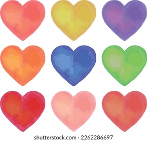 Set of hearts in watercolor style｜Various colors