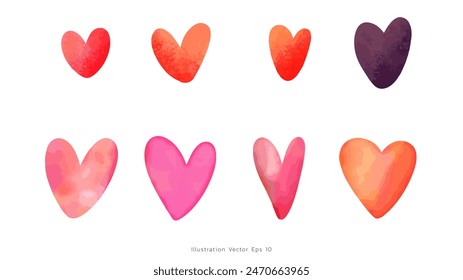 Set Hearts watercolor hand drawn isolated on white background,Romantic design element for wedding, illustration Vector EPS 10