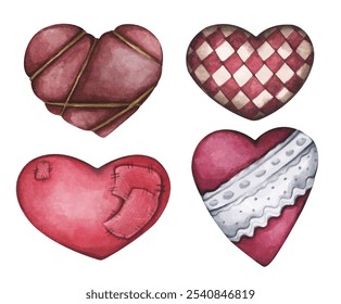 Set of hearts, Watercolor illustration. Perfect for Valentine's day card or romantic post cards. Design heart elements for valentine message.