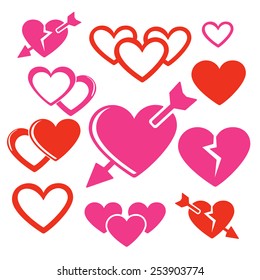 Set of hearts web and mobile logo icons isolated on white. Hearts and arrows vector symbols