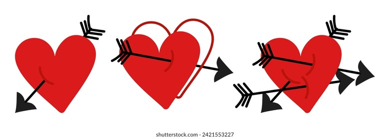 A set of hearts were pierced by arrows. An illustration in the form of doodles, made in red and black colors. A heart with a doodle-style arrow icon. Vector flat isolated element. Hearts with arrows