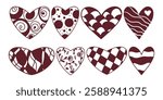 Set of hearts, whirls, checkered, waves, circles