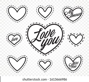 Set of hearts, white patch with contour, heart shape, place for text. Sweet Valentines collection for World Valentine's Day. Decorative greeting card. Isolated objects on transparent background.