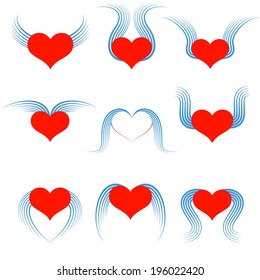 Set of hearts with wings.