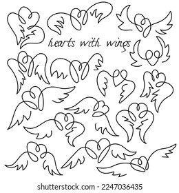 Un conjunto de corazones con alas en diferentes poses. Contacte las líneas con una inscripción y un texto. 15 elementos de corazones.