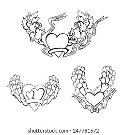 Set of hearts with wings and flames for tattoo on a white background. Set elements for design Valentine's day. Vector illustration.