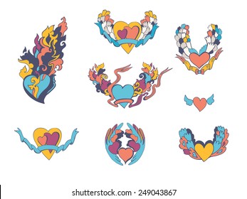 Set of hearts with wings and flames for tattoo. Set elements for design Valentine's day. Vector illustration.