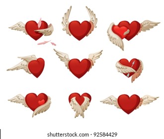 Set of hearts with wings. Isolated on white background.