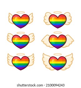 Set of hearts with wings and LGBT symbols. Vector illustration