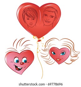 Set of hearts:air balloon in shape heart and hearts as faces man's and female (the guy and the girl) in the comic image