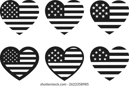 Set of Heart-Shaped American Flag Silhouette Vectors for Independence Day USA