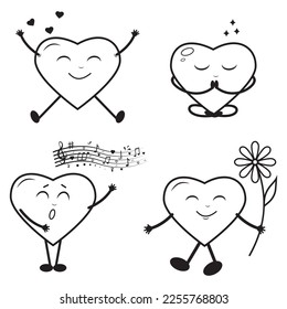 Set of heart-shaped characters, black outline, vector illustration in doodle style