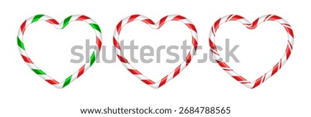 Set of heart-shaped Christmas frames with a realistic, glossy candy cane pattern
