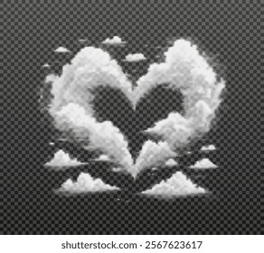 
Set of heart-shaped clouds on a transparent background for Valentine's Day. The heart is made of fluffy white clouds. There are several smaller clouds around the heart. PNG vector background.