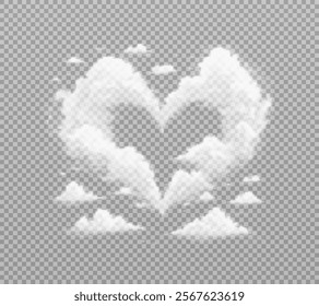 
Set of heart-shaped clouds on a transparent background for Valentine's Day. The heart is made of fluffy white clouds. There are several smaller clouds around the heart. PNG vector background.