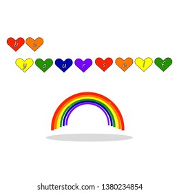 A set of heart-shaped colors of the lgbt-community flag, in which there are letters - the inscription "be yourself". Below image of the rainbow.