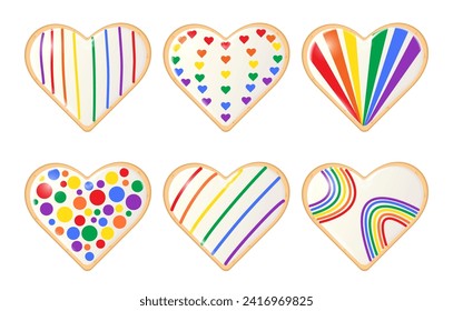 Set herzförmige Kekse, die mit Süßwarenglasur in Regenbogenfarben überzogen sind. Süßer Dessert zum Valentinstag, LGBTQ-Gemeinden, Stolz-Symbole