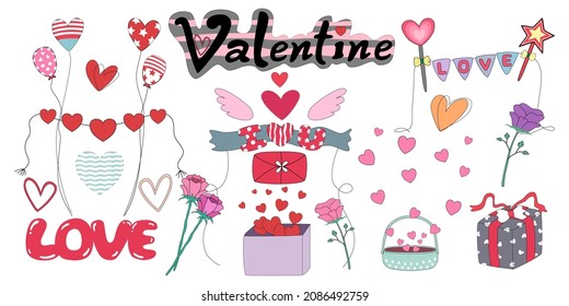 Set Heart-shaped decorations, sign, gift boxes with balloons in red pink tones designed with a doodle style for Valentine's Day, Birthday, Cards, Patterns, Templates, Stickers, postcards and more.